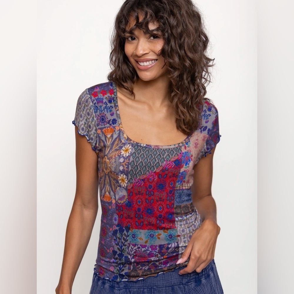 🌙NATURAL LIFE Devon "ButterSoft" Short Sleeve Top - Blue Patchwork🌙